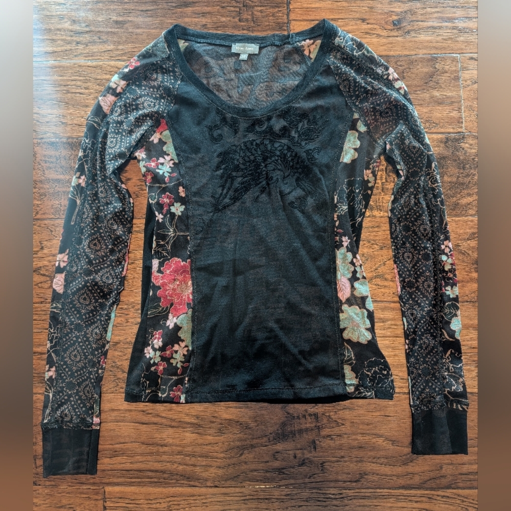 Marc Aurel Y2K Style Floral Patterned Long Sleeve Women's Mesh Sheer Top Size 38